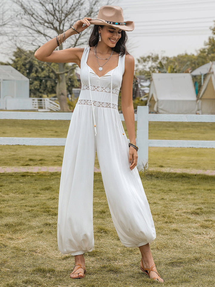 Bell Bottom Pants Drawstring Spaghetti Straps Sleeveless Hollow Out Cutout High Waist Sexy Women Jumpsuits