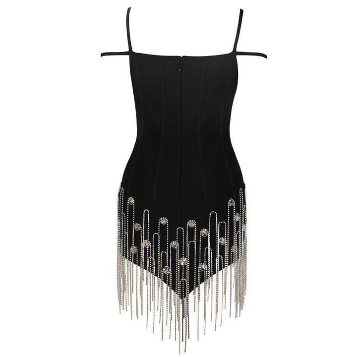 Sexy Black Camisole Small V neck Backless Jewelry Chain Diamond Knitted Bandage One Piece Dress
