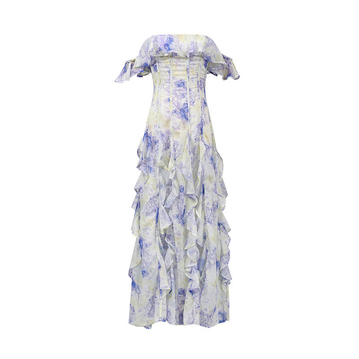 Fairy Floral God Tube Top Waist Controlled Large Hem Formal Dress Women Summer Printed Ruffled Dress Women