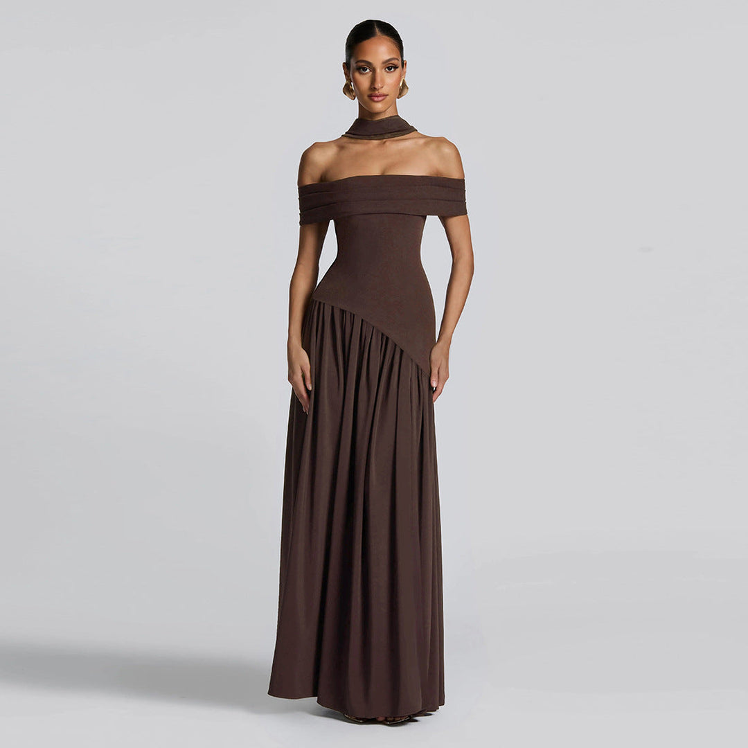 Autumn Women Clothing Sexy Backless Slim Fit Solid Color Scarf Collar Split off Shoulder Dress