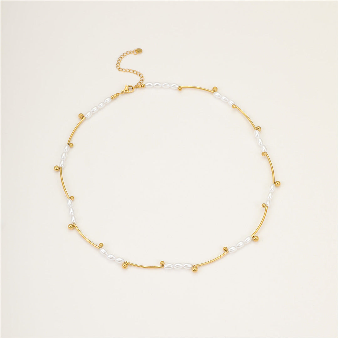 French Hepburn Advanced Baroque Imitation Pearl Necklace Batch Floral Tube Spacer Beads 18K Real Gold Stainless Steel Clavicle Chain