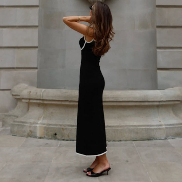 Sexy Sleeveless Sling Slim Fit All Matching Sheath Long Black White Contrasting Color Dress
