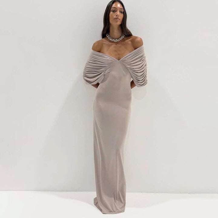 Spring Women Clothing Sexy off Neck Sleeve Slim Solid Color Maxi Dress Women