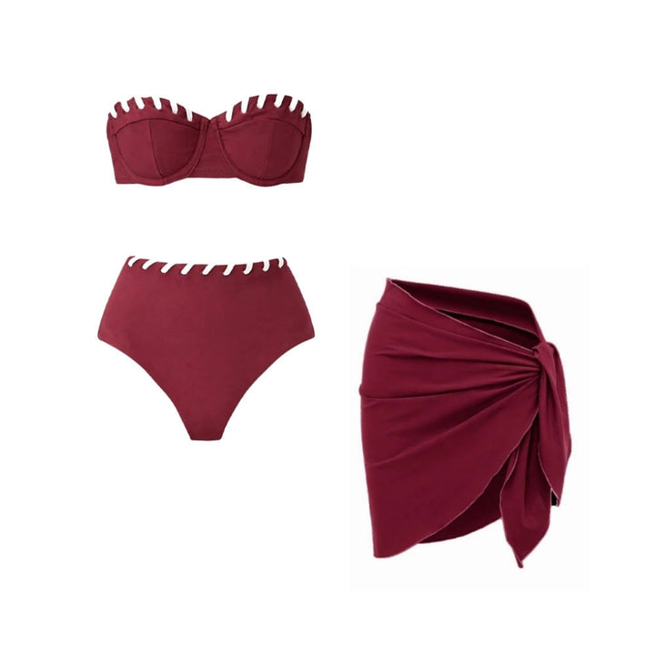 Swimsuit Wine Red Niche Design Tube Top One Piece Swimsuit Women Wrap Skirt