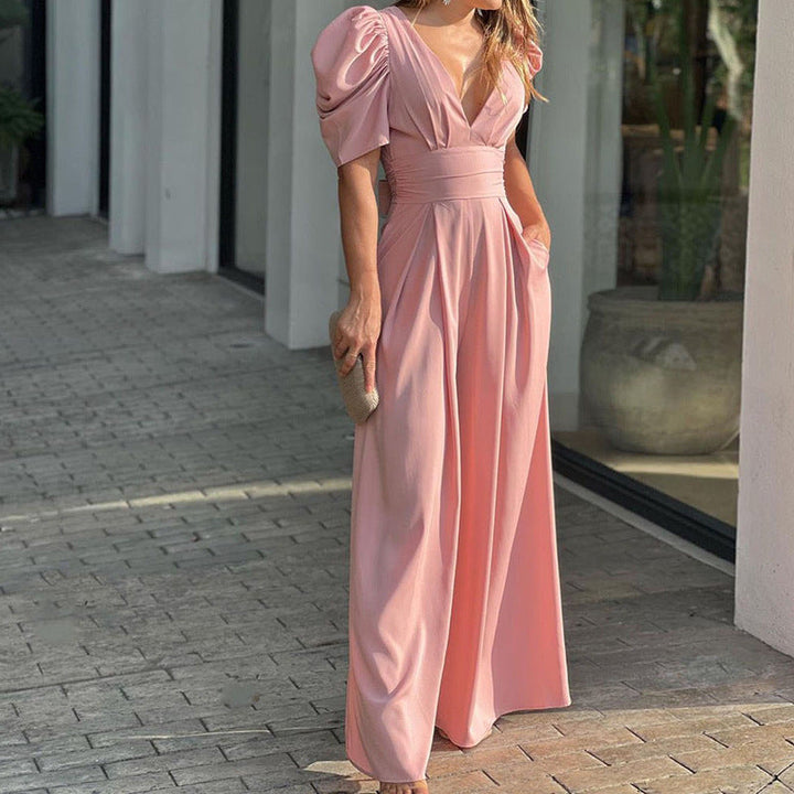 Women Clothing Short Sleeve Elegant Wide Legs Jumpsuit