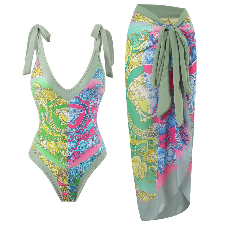 Sexy Siamese Conservative Cover Belly Thin Swimsuit Spring Bathing Suit Women Chiffon Beach Dress