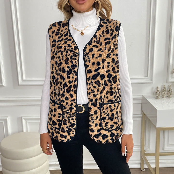 Sleeveless Outer Wear Vest Women Autumn Winter Leopard Cardigan