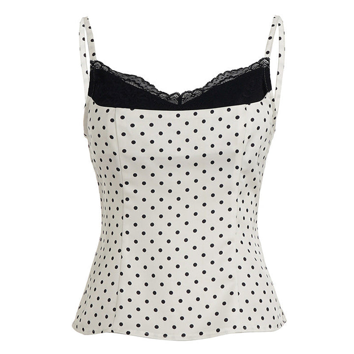 Sexy Elegant Lace Splicing Sling Women French Polka Dot Slim Fit Slimming Fashionable Sweet Spicy Top