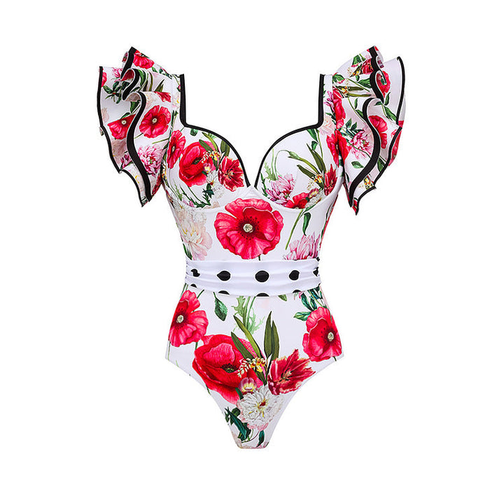 Spring Sexy Swimsuit Women Conservative Warm Printed Swimsuit Wrap Skirt Set