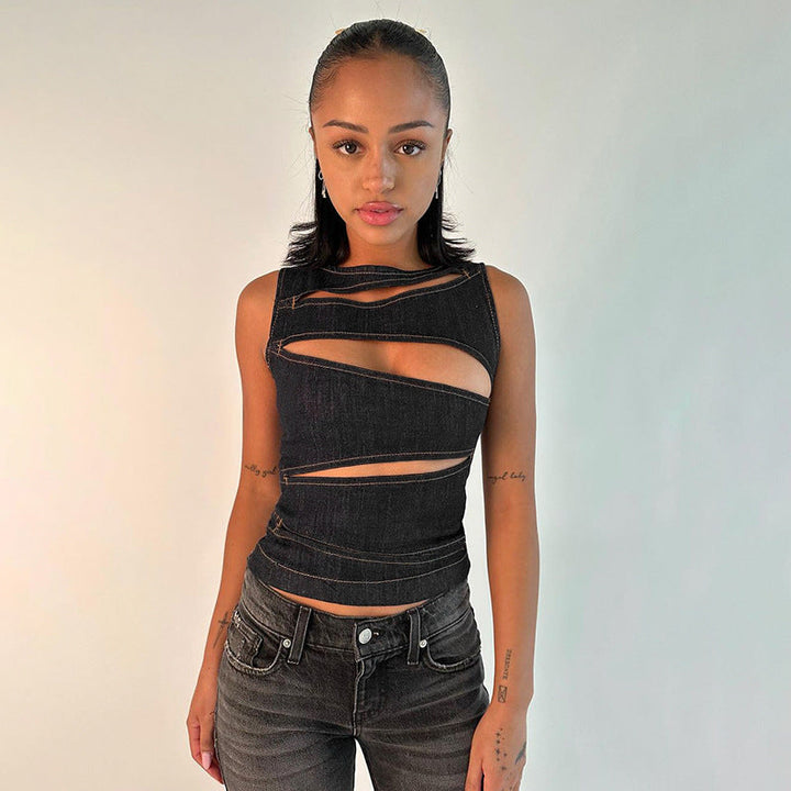 Summer Women Clothing Sexy Cutout Imitation Denim Vest Top for Women