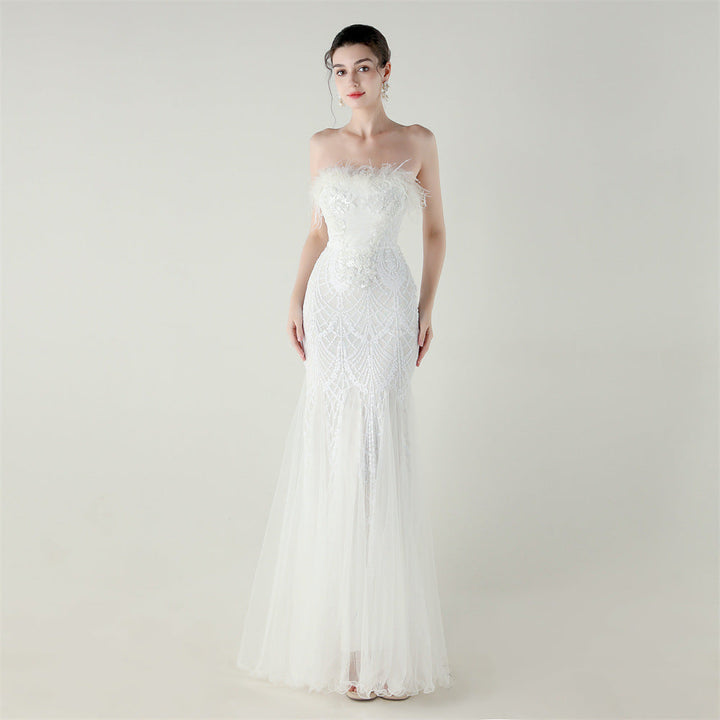 Sequin Beaded Tube Floral Ostrich Feather Tube Top Cross Strap Mesh Fishtail Evening Dress Cocktail Wedding