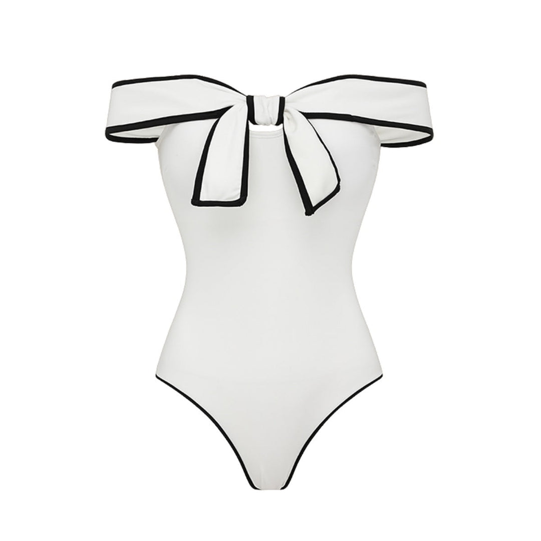 Swimsuit Black White Color Matching Sweet Girl Bow Swimsuit Women White Skirt