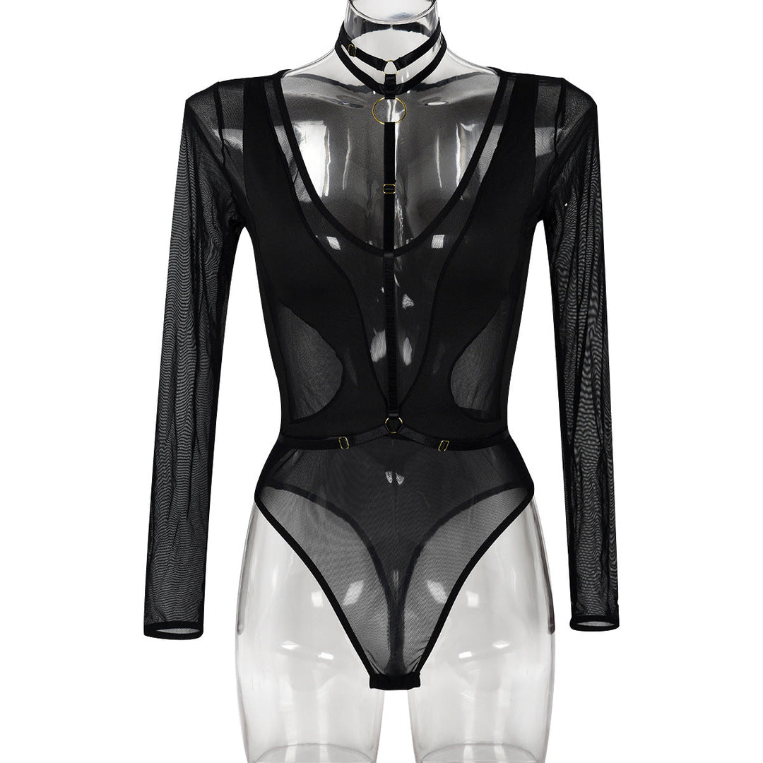 Women Clothing Spring Autumn Mesh Long Sleeve Hollow Out Cutout out See through Stitching V-neck Halter Jumpsuit Women