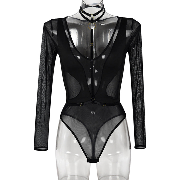Women Clothing Spring Autumn Mesh Long Sleeve Hollow Out Cutout out See through Stitching V-neck Halter Jumpsuit Women