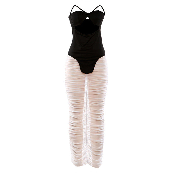 Spring Women Sexy Tube Top Hollow Out Cutout out Top Solid Color Pleated Transparent Skirt Two Piece Sets