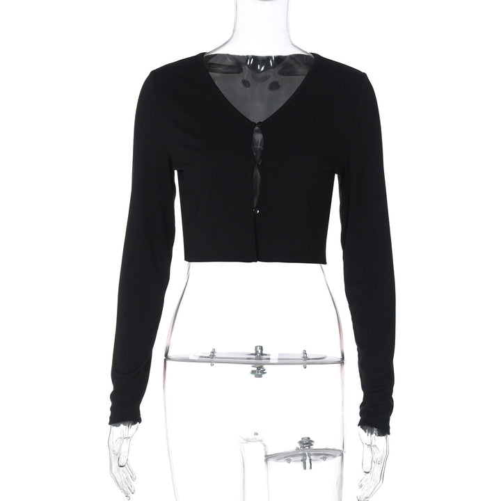 Women Clothing Summer Sexy Cardigan Button Cropped Long Sleeve T shirt Top