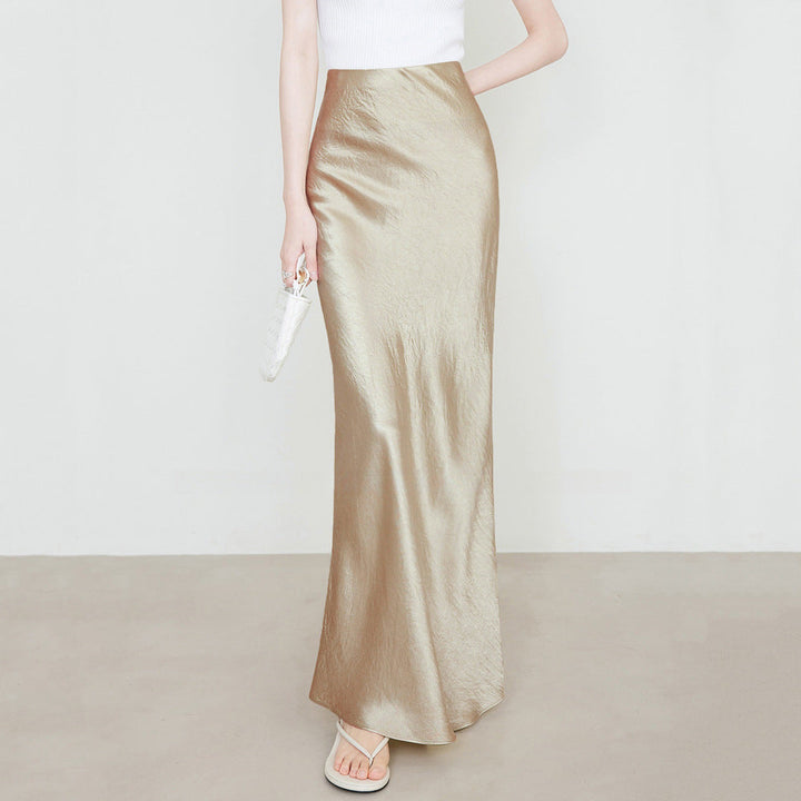 Women Clothing Summer Satin Skirt High Waist Elastic Hand-Held Pattern Long Skirt Elegant Solid Color Long Skirt