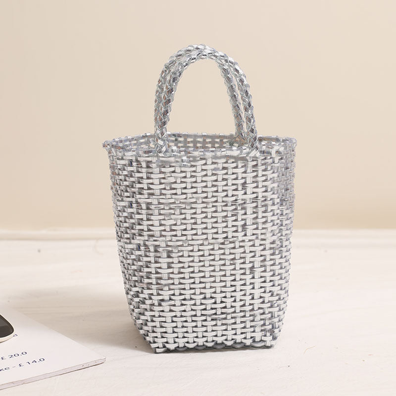Gold Silver Color Portable Vegetable Basket Bag Solid Color Large Capacity Hand Carrying Woven Bag Seaside Vacation Beach Bag