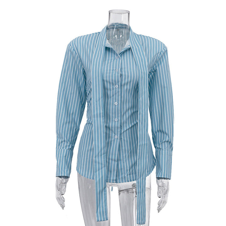 Women Clothing Striped Collared Shirt Women Waist Controlled Long Sleeves Lace up Cardigan Shirt Top
