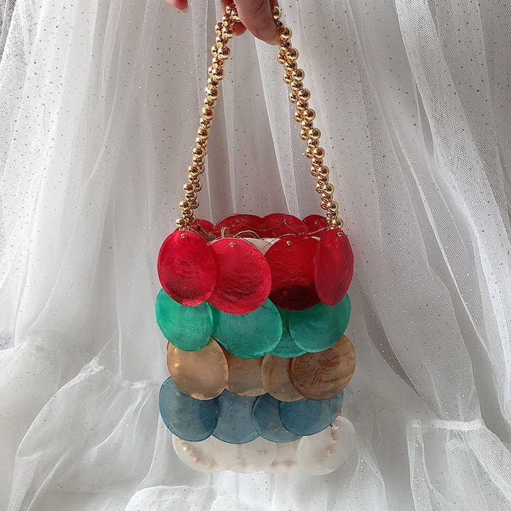 Color Handmade Woven Shell Bag Color Women Handbag Beaded Chain Fish Scale Bag