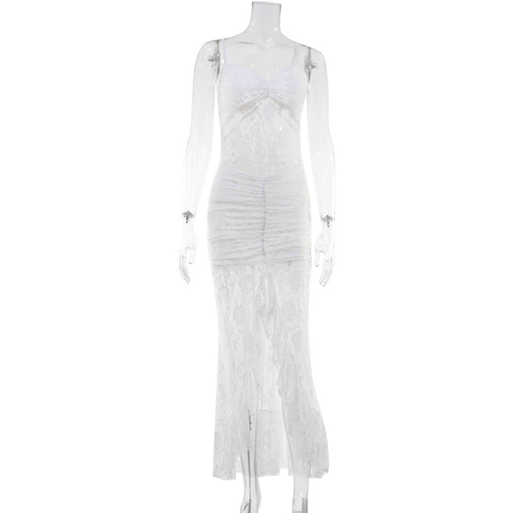 Women Solid Color Lace Sexy Backless Spaghetti Straps Dress Slit Trailing Maxi Dress Gown