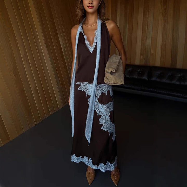 Women Spring Summer Satin Stitching Sleeveless Casual Loose Skirt Set