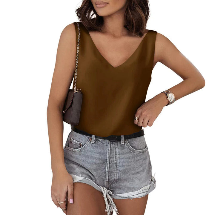 Solid Color Satin Vest V neck Casual Camisole Sleeveless Shirt Summer Basic