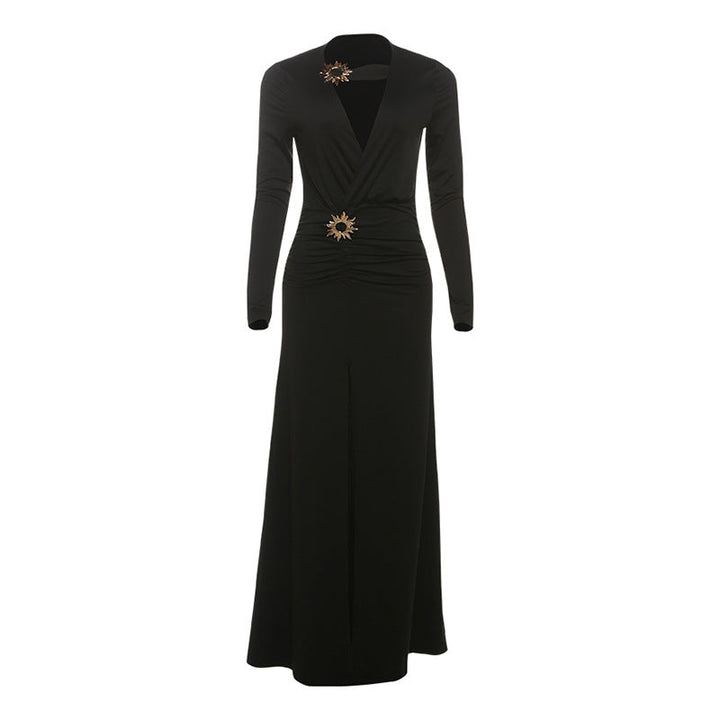 Fall Women Clothing Sexy Deep V Plunge neck Split Dress Solid Color Dress Women