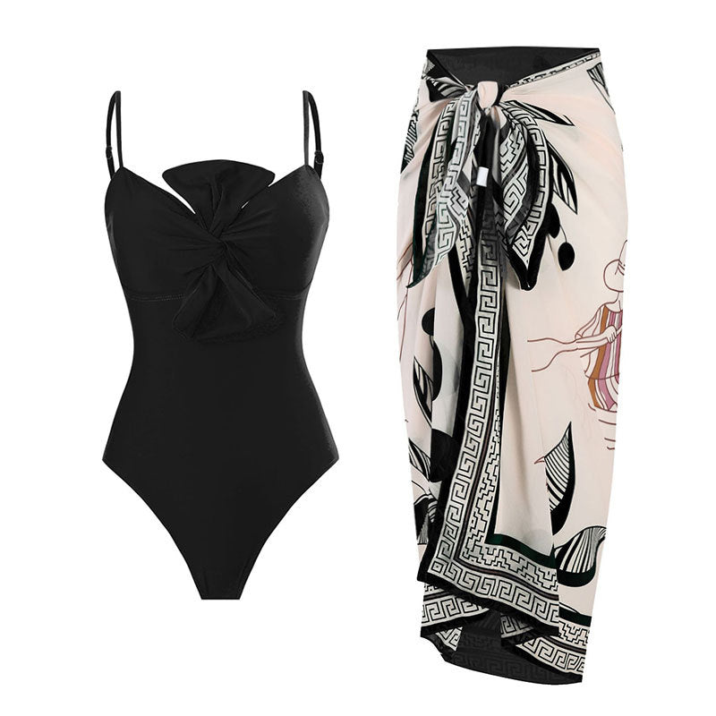 Bow Solid Color One Piece Women Swimwear Suit French Retro Cover Belly Slimming Swimsuit