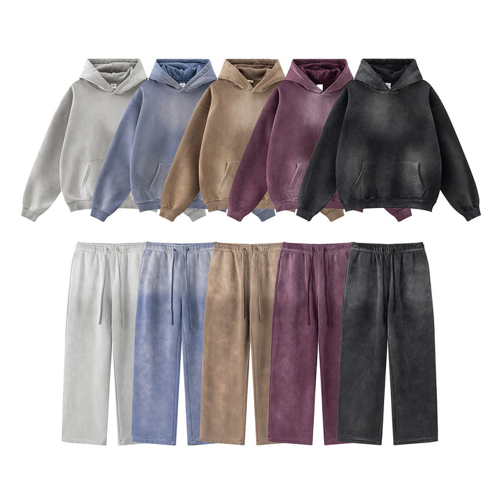 Autumn High Street Retro Distressed Spray Dye Fleece-Lined Suit Loose-Fitting Hoodie Sweatshirt Sweatpants Tide