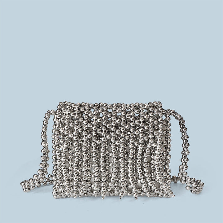 Retro Metallic Shiny Hand Woven Beads Small Square Bag Mobile Phone Bag Long Shoulder Strap Tassel Messenger Bag