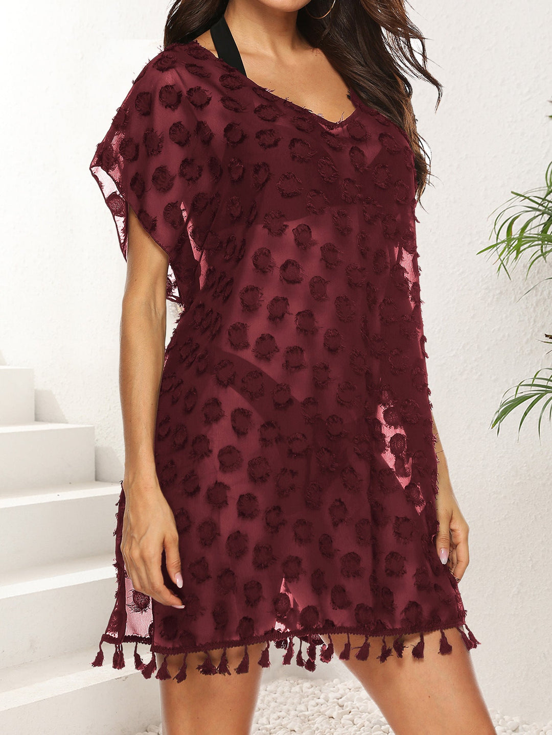 Women Chiffon Shirt Sexy See through Polka Dot Jacquard Chiffon Dress Beach Beach Cover Up