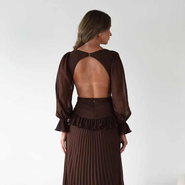 Women Long Sleeve Pleated Waist Tight Backless Dress