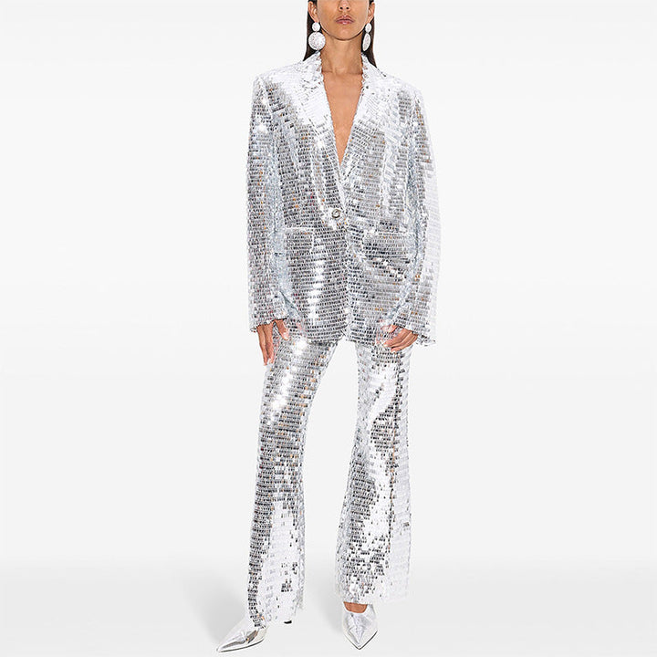 Spring Summer One Button Mesh Sequ Work Pant Two Piece Set