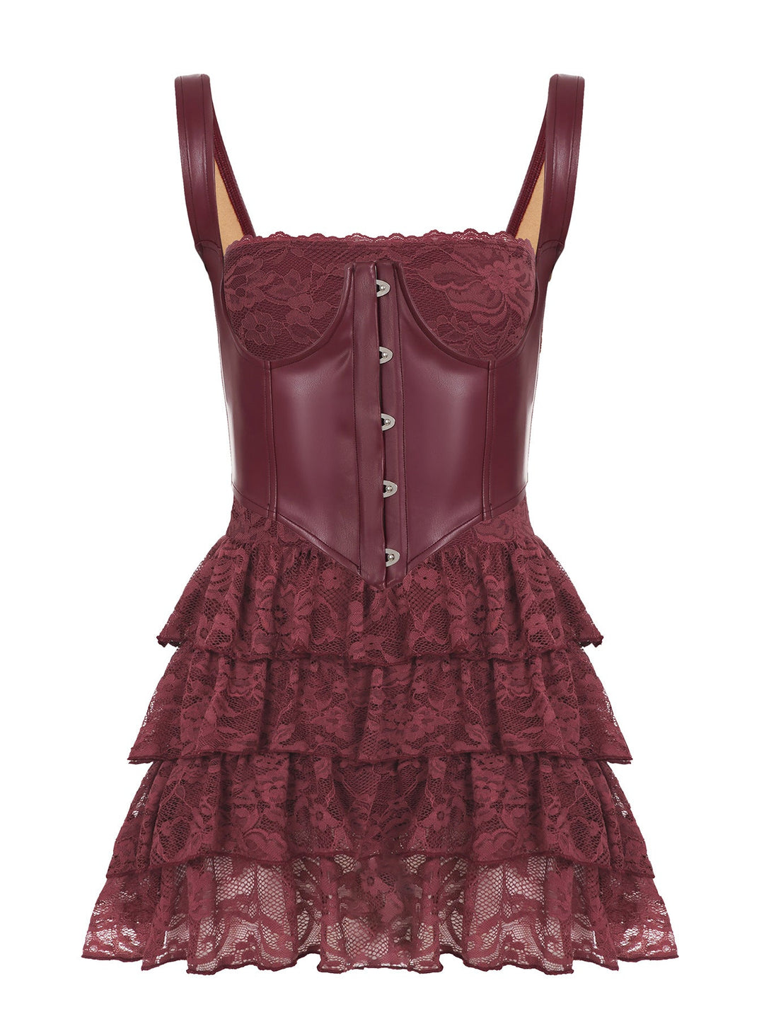 Sexy Leather Bra Strap Lace Stitching Puffy Tiered Dress Summer Set