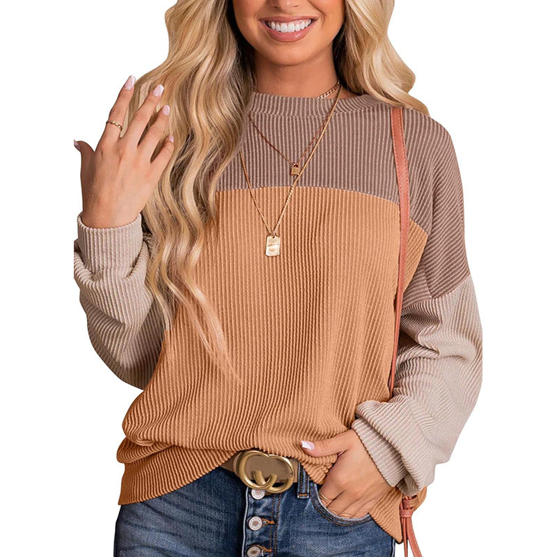 Autumn Winter Casual Striped Multi Color Mosaic Sweatshirt for Women