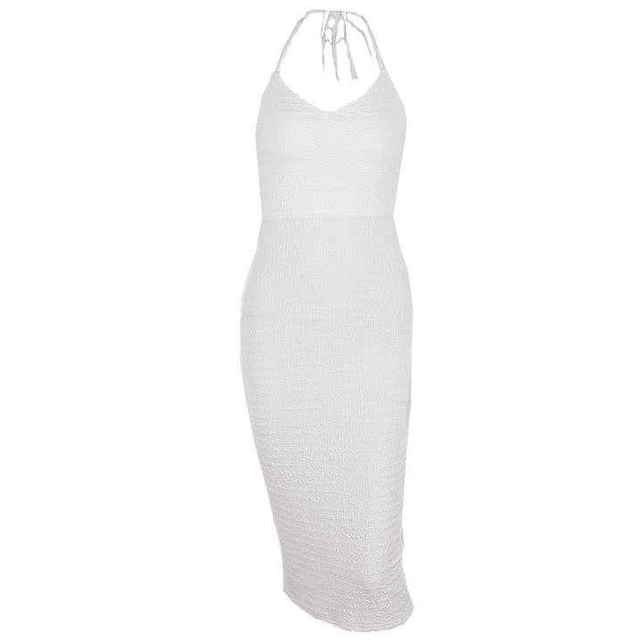 Autumn Sexy Low Cut V Neck Hollow Out Cutout Backless Halter Lace up Mid Length Split Dress Women
