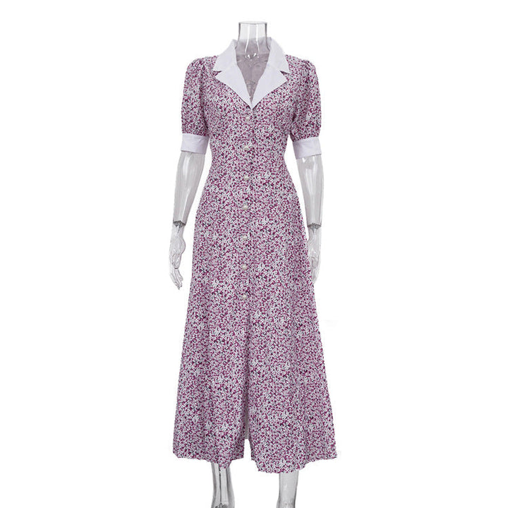 Elegant Floral Dress Summer Polo Collar Short Sleeve High Waist Print A line Dress for Women