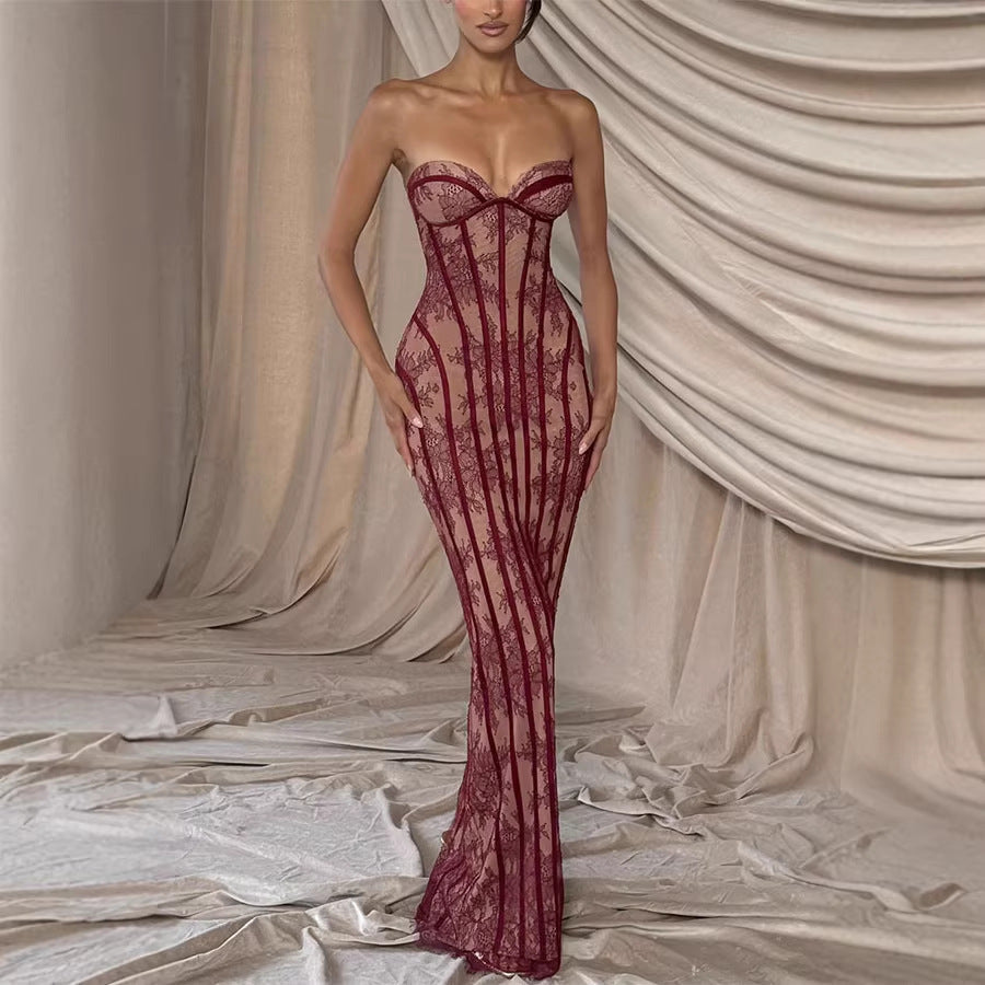 Slim Fitting Lace Corset Hip Dress Party Lace up Maxi Dress Women