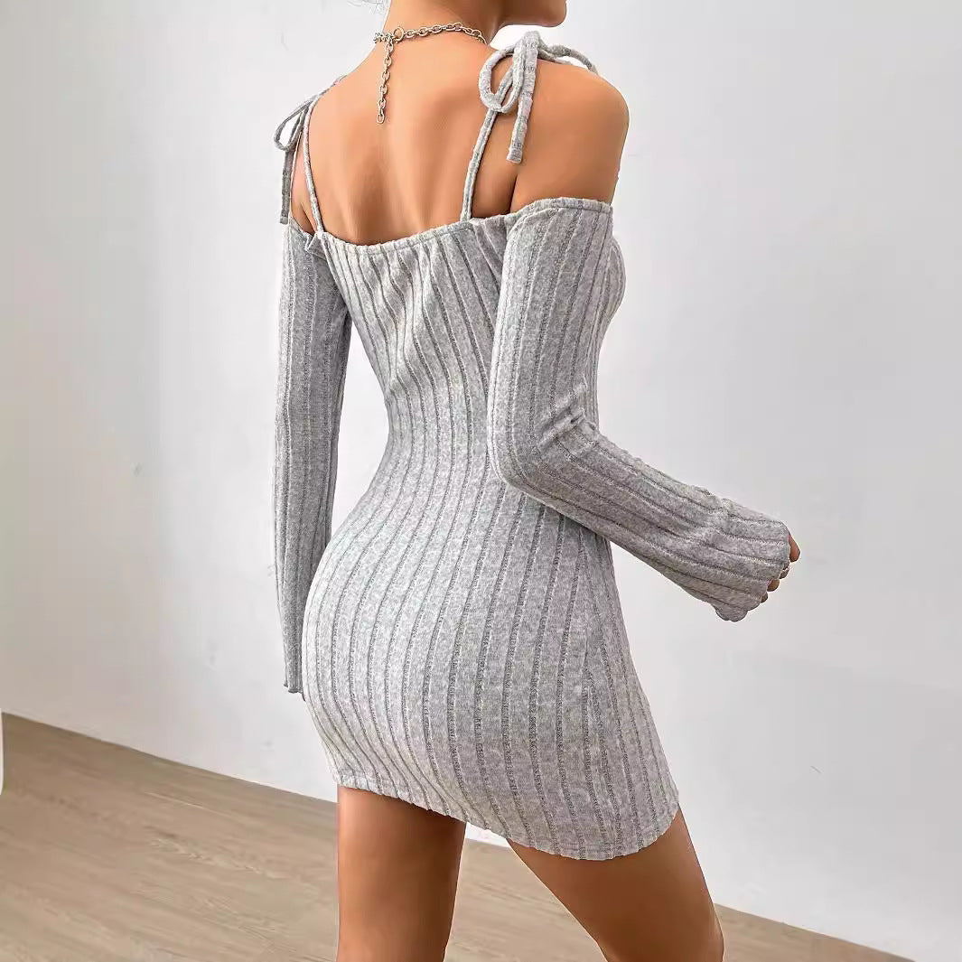 Women Clothing Adult Lady like Woman Lightly Mature Strap Sling Dress Autumn Winter Boat Collar Elegant Slim Fit