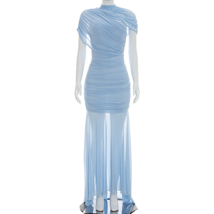 Women Clothing Summer Solid Color Mesh Stitching Short Sleeve Pleated Trailing Slim Fit Maxi Dress