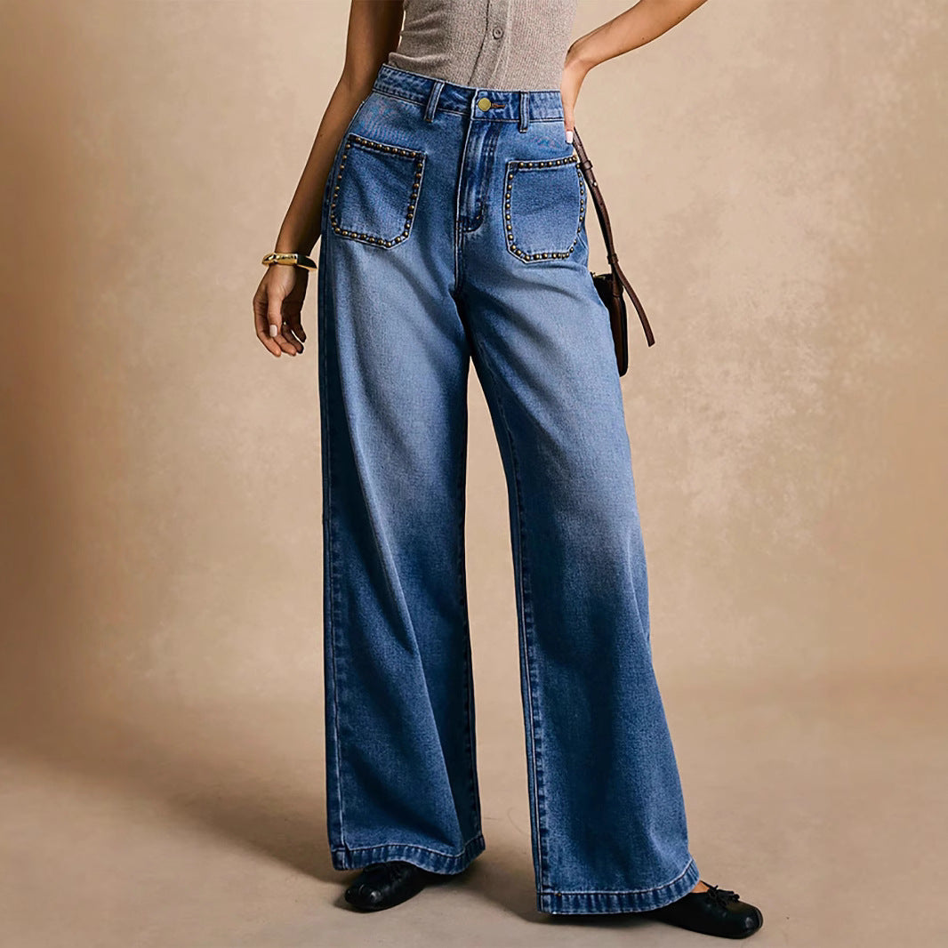 Rivet Inlaid Pocket Wide Foot Mouth Washed Denim Slim Straight Trousers