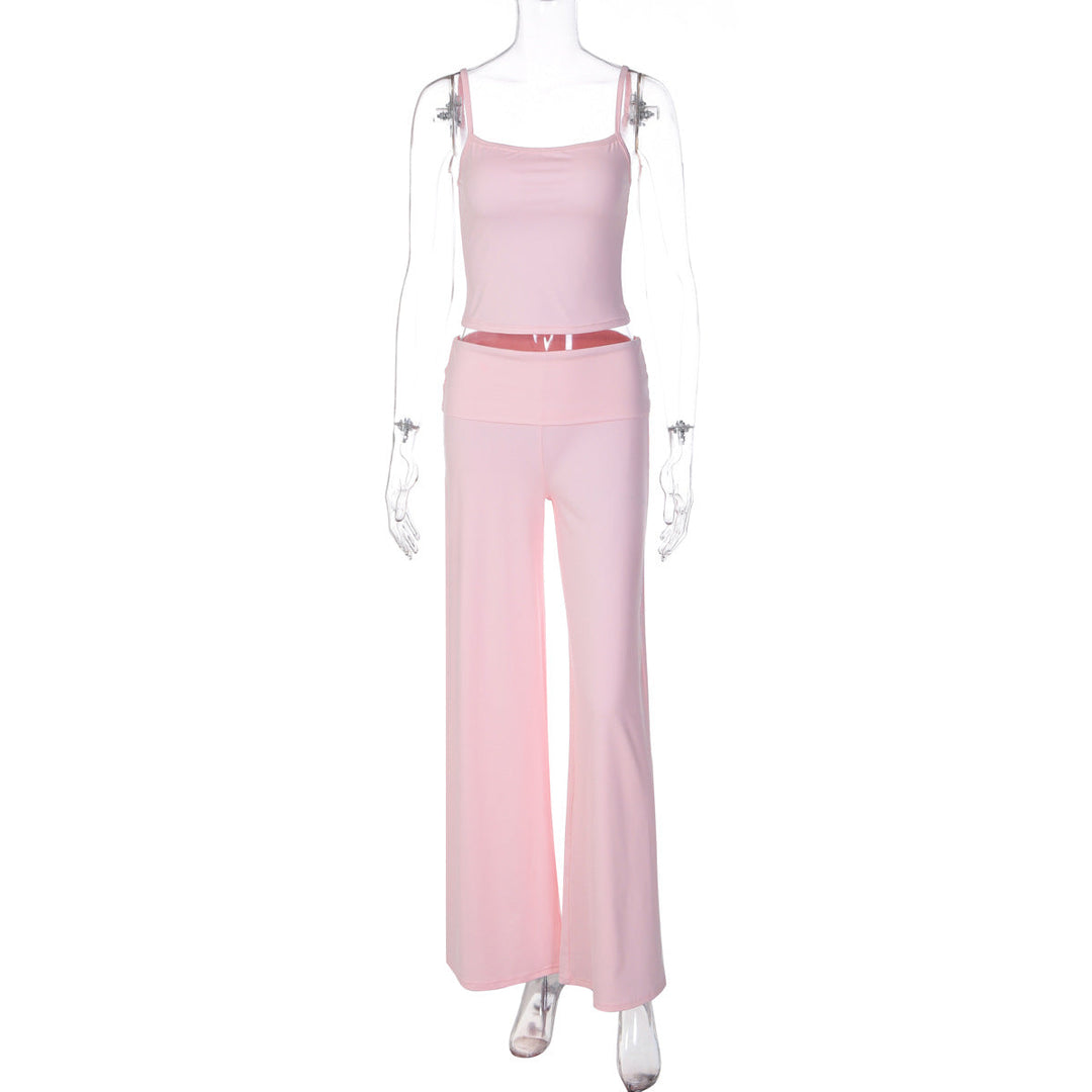 Women Clothing Summer off Neck Sling Small Tank Top High Waist Straight Pants Two Piece Sets