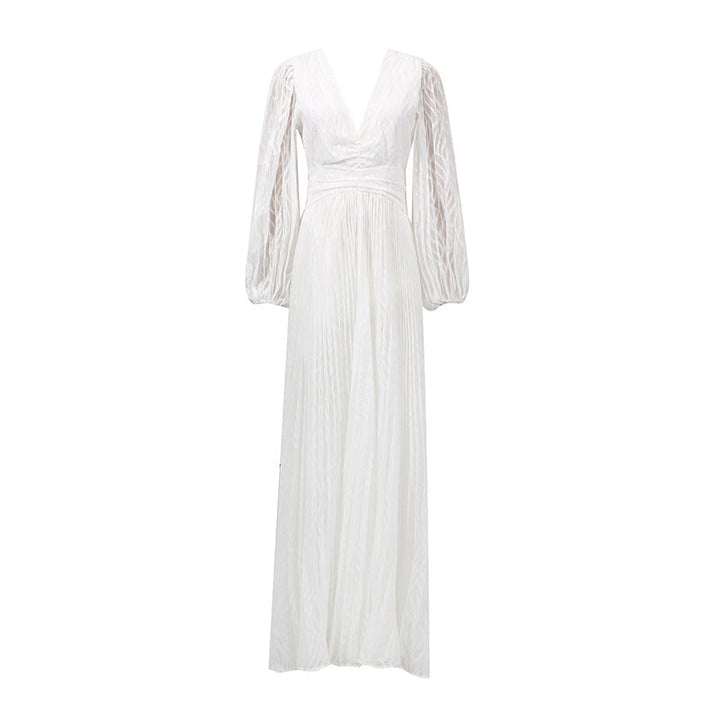 Spring Deep V Plunge neck Lantern Sleeve Maxi Dress Tight Waist Slimming Pleated Design Dress for Women