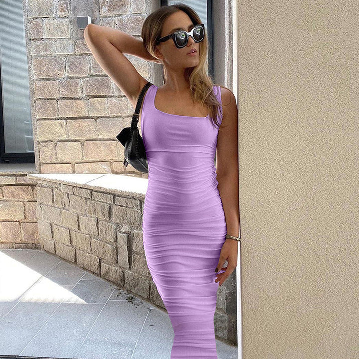 Summer Sexy Women Wear Solid Color Tight Backless Sleeveless Pleated Dress