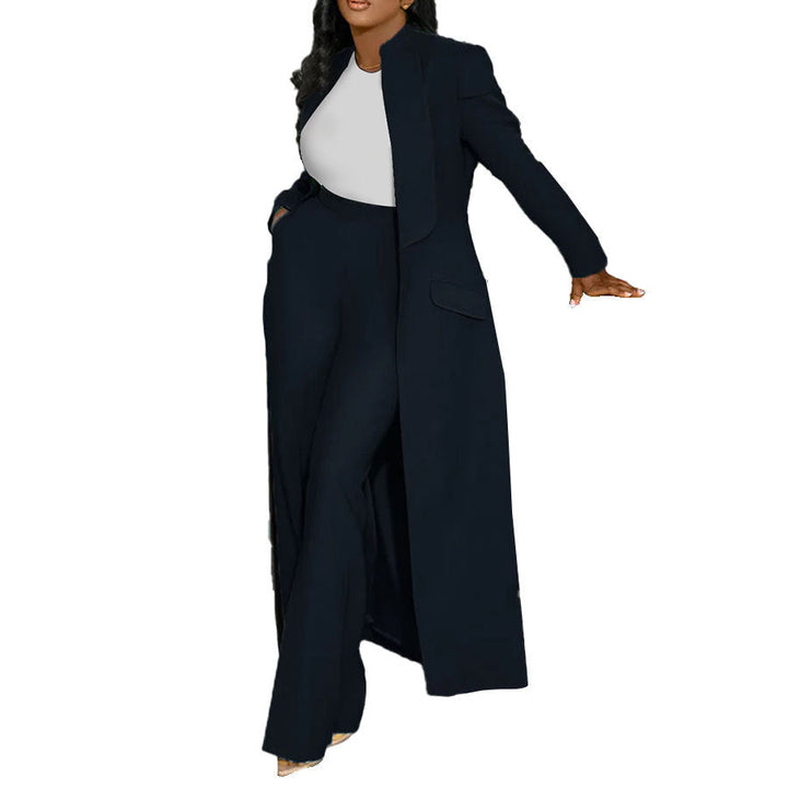 Women Solid Color Polo Collar Long Two Piece Set
