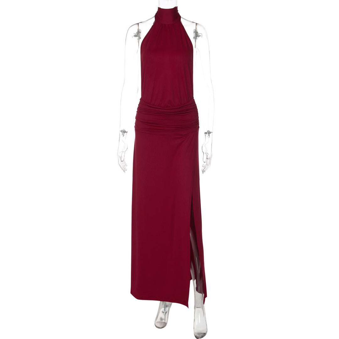 Women Clothing Summer Solid Color Tied Halter Dress Sexy Backless Slit Slim Dress