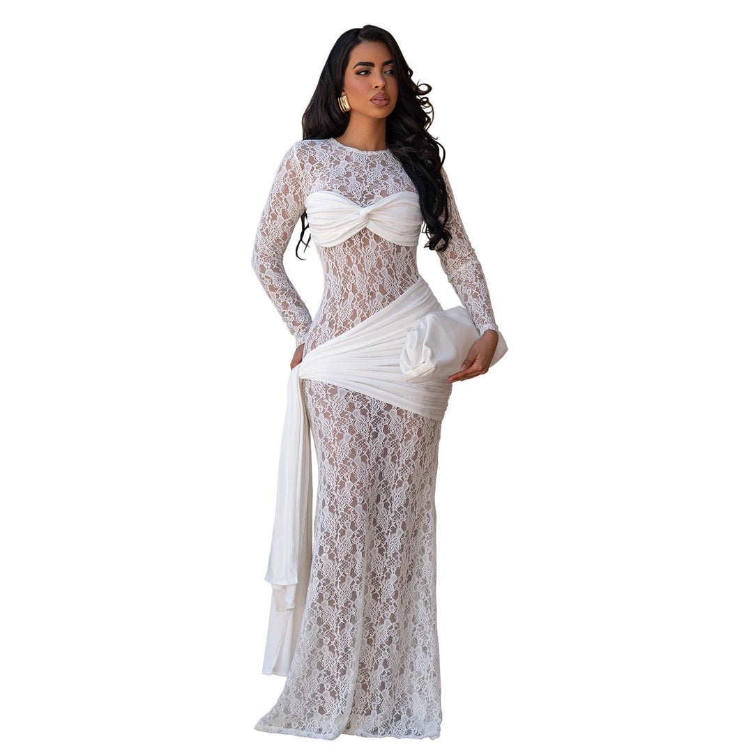 Women Wear Sexy round Neck Lace Slim Fit Long Sleeved Dress