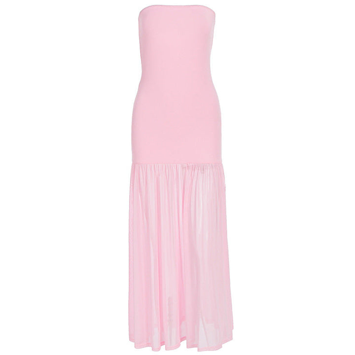 Summer Women Clothing Sexy Elegant Stitching Mesh Tube Top Slimming Dress