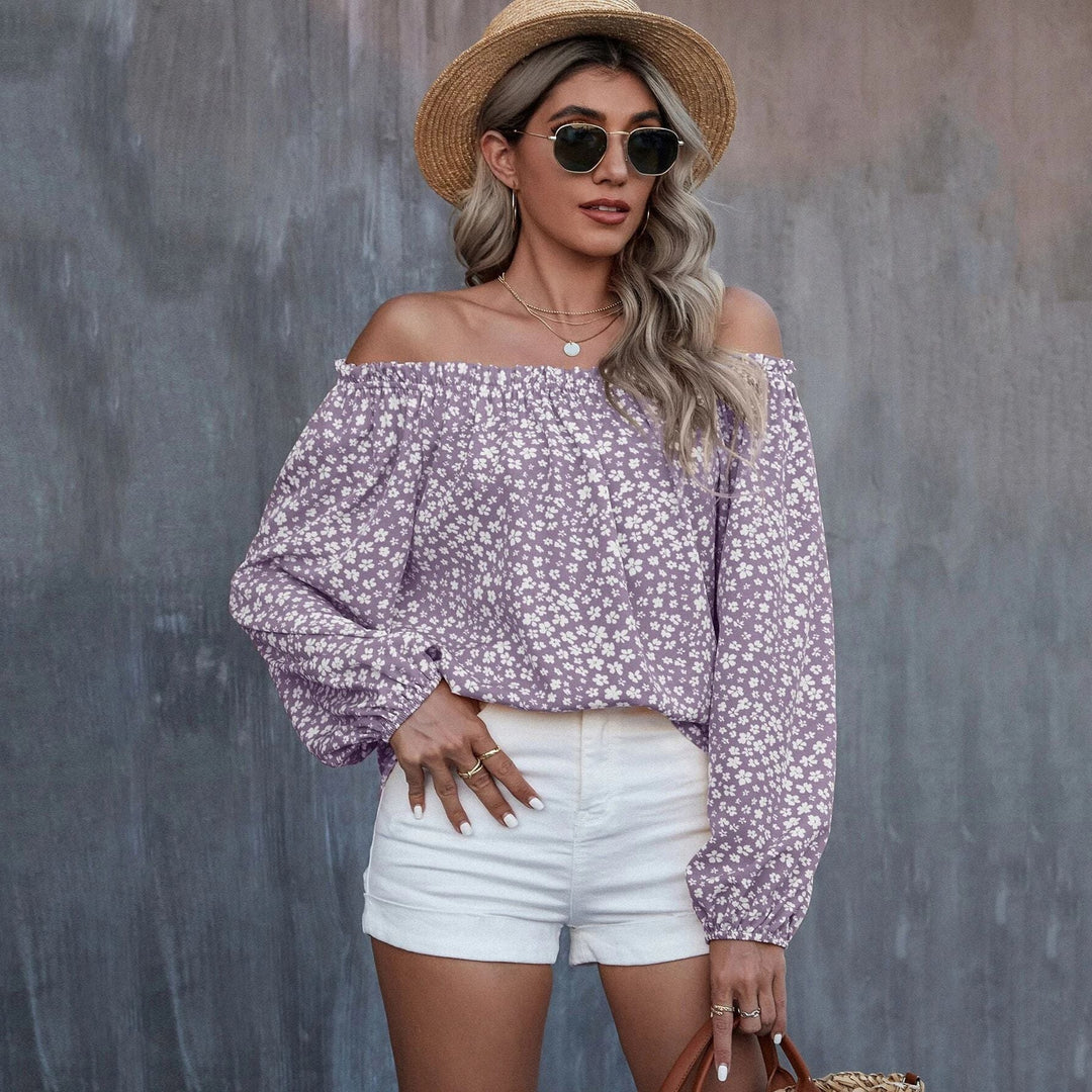Autumn Winter Women Clothing Sexy off the Shoulder Printed Long Sleeve Loose Top T shirt